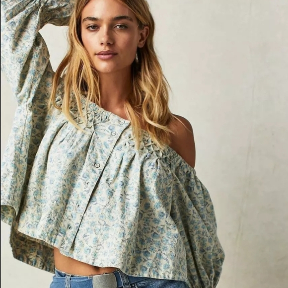New Free People James Blue Floral Button Down Swing Smock Top Small - Picture 1 of 8
